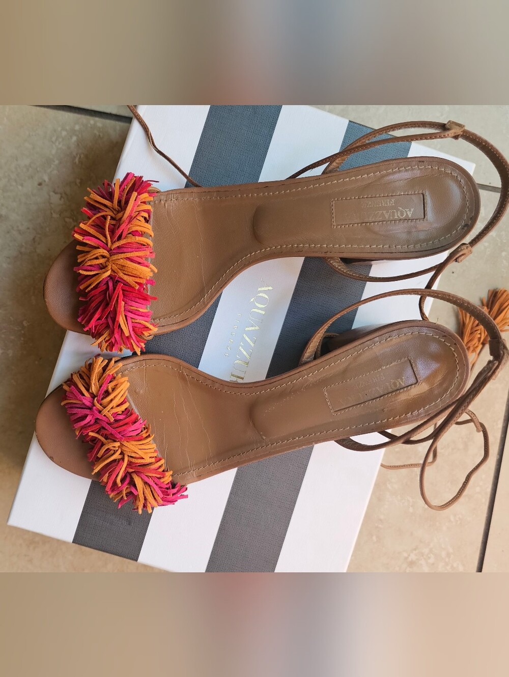 Aquazzura Brown Leather Sandals with Pink & Orange Fringe